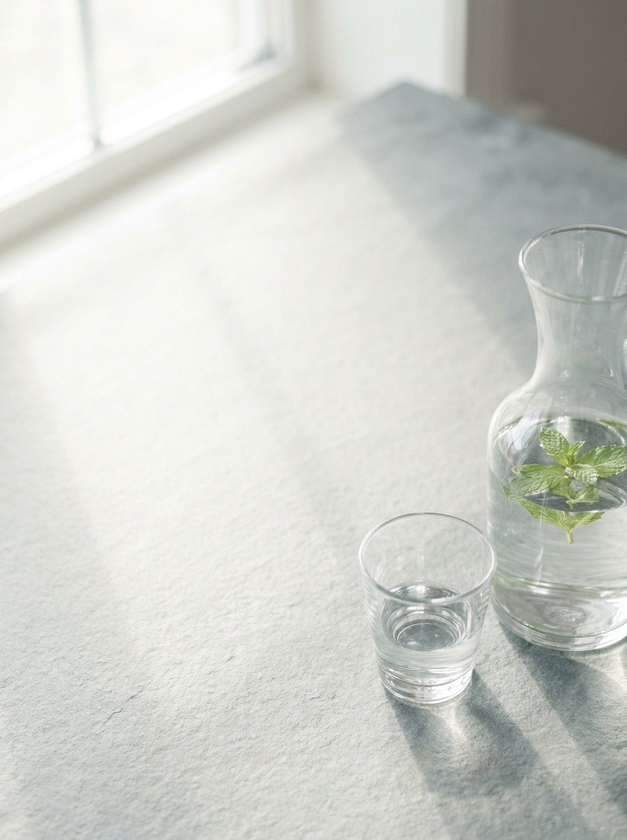 A glass carafe of water with mint leaves and a small glass in the lower right of light gray slate, upper left empty