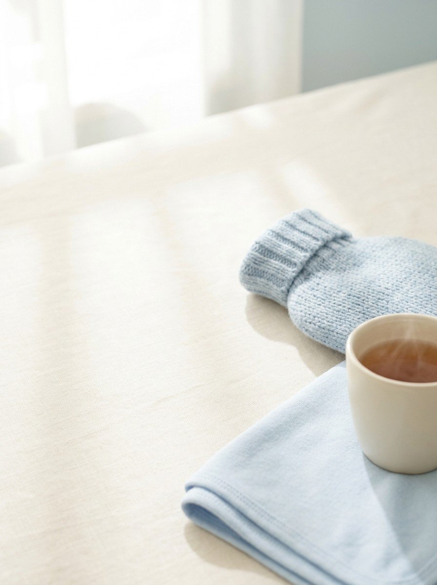 A small hot water bottle in a pale blue knitted cover, a folded pale blue child's blanket and a cream cup of warm barley tea on the lower right of cream linen, upper left left empty