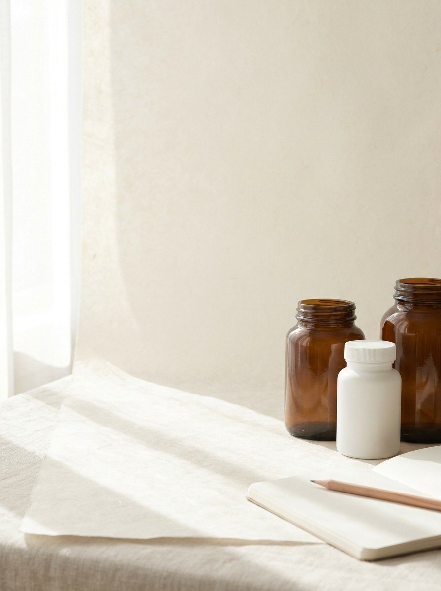 Three plain unlabeled amber and white supplement jars and a blank notebook with a pencil on the lower right of cream hanji paper, upper left of the frame left empty