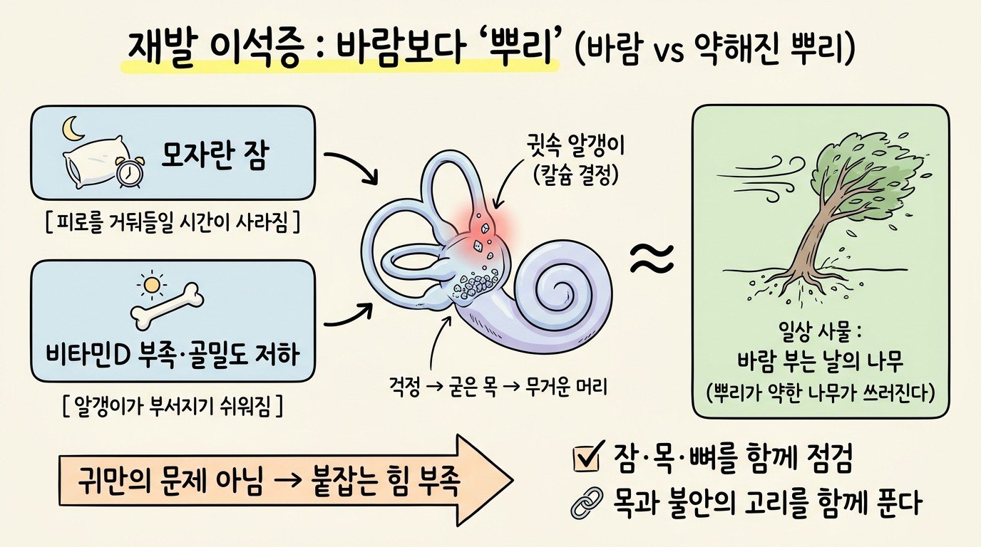 모자란 잠과 비타민 D 부족·골밀도 저하가 귓속 알갱이를 흔들리게 한다는 개념 지도로, 바람보다 뿌리가 약한 나무가 쓰러진다는 비유
