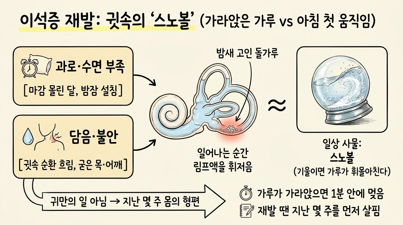 과로·수면 부족과 담음·불안이 원인으로 이어지고, 반고리관에 밤새 고인 돌가루가 아침에 일어나는 순간 림프액을 휘젓는 모습을 기울이면 가루가 휘몰아치는 스노볼에 빗댄 개념 지도
