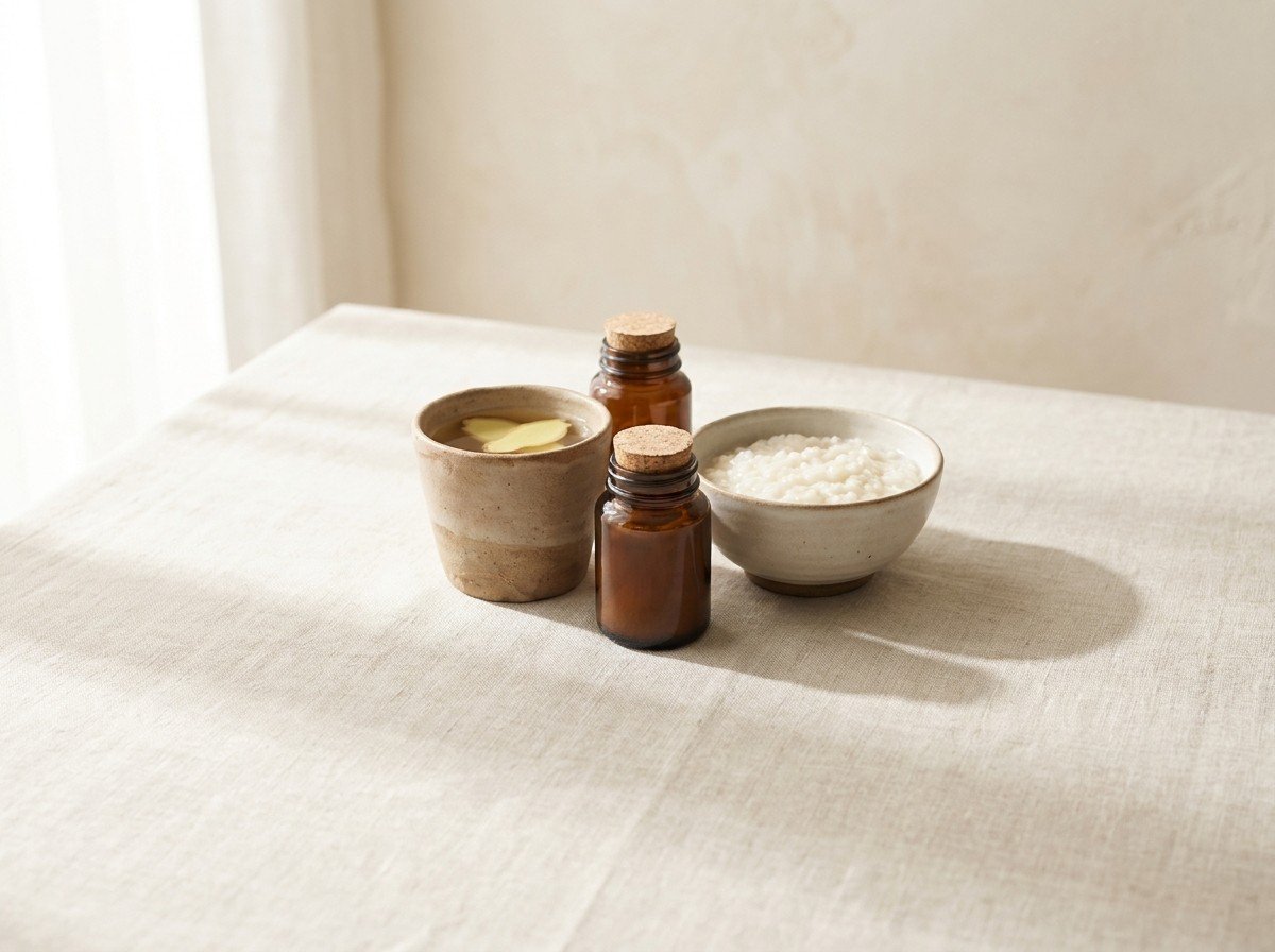 Three unlabeled amber glass jars, a clay cup of ginger tea with ginger slices and a small bowl of rice porridge clustered on oatmeal linen, lower third empty