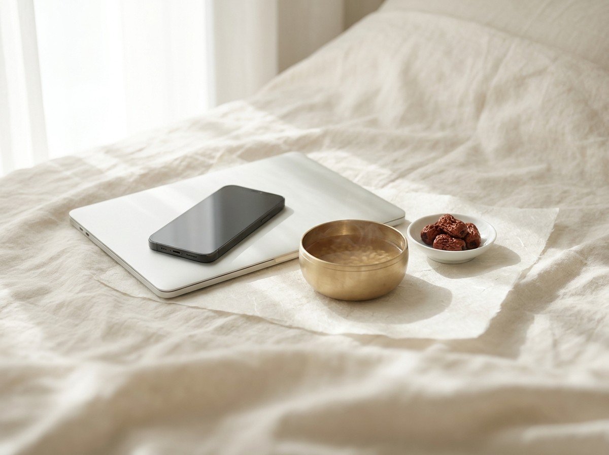 A closed silver laptop with a smartphone lying face down on it, a brass bowl of warm barley tea and a small white dish of dried jujubes grouped on cream linen and hanji paper in soft window light