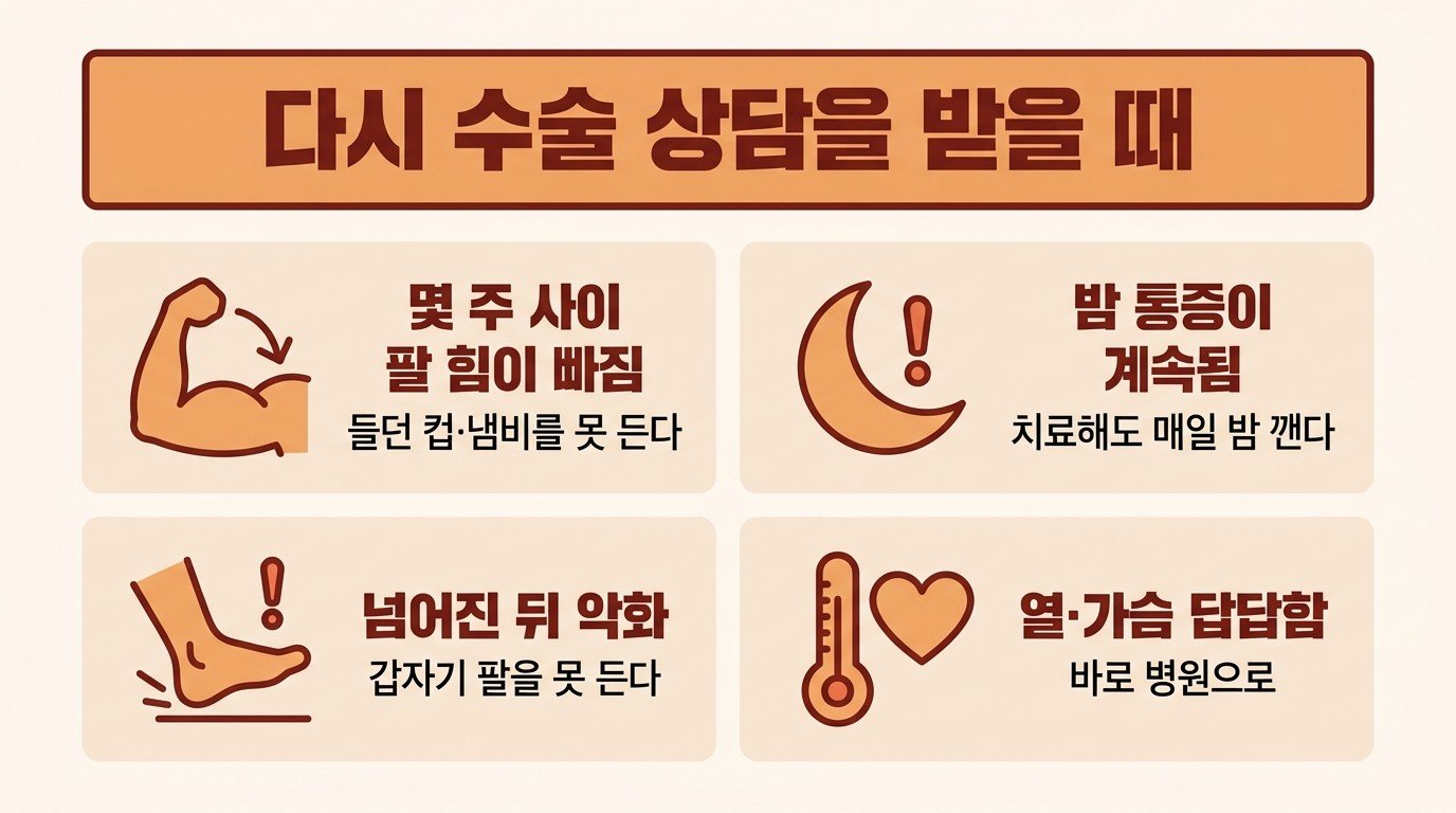 다시 수술 상담을 받을 때 — 팔 힘 약화, 계속되는 밤 통증, 넘어진 뒤 악화, 열·가슴 답답함