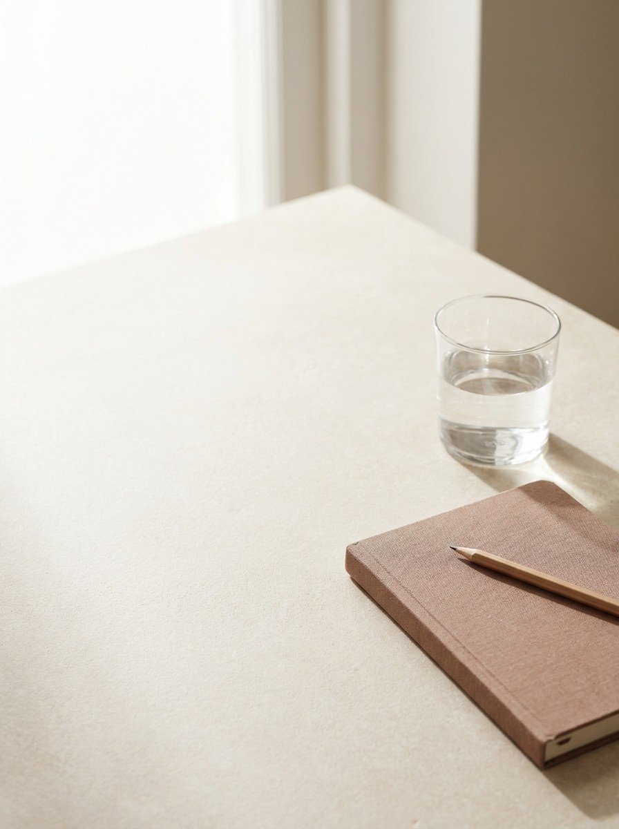 A linen-covered pocket diary with a pencil and a glass of water in the lower right of a cream stone tabletop, upper left empty