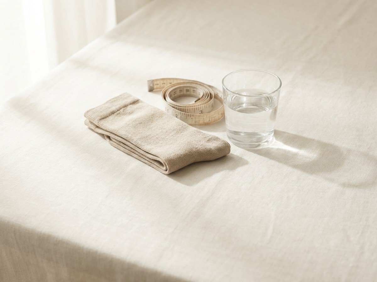 A folded beige compression stocking, a coiled cloth tape measure and a glass of water grouped together on cream linen in soft window light, with open linen below.