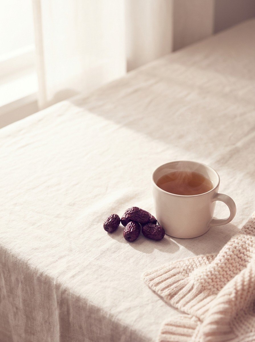 A cup of warm barley tea with dried jujubes and a cream knitted blanket at the lower right of cream linen, upper left of the frame left empty