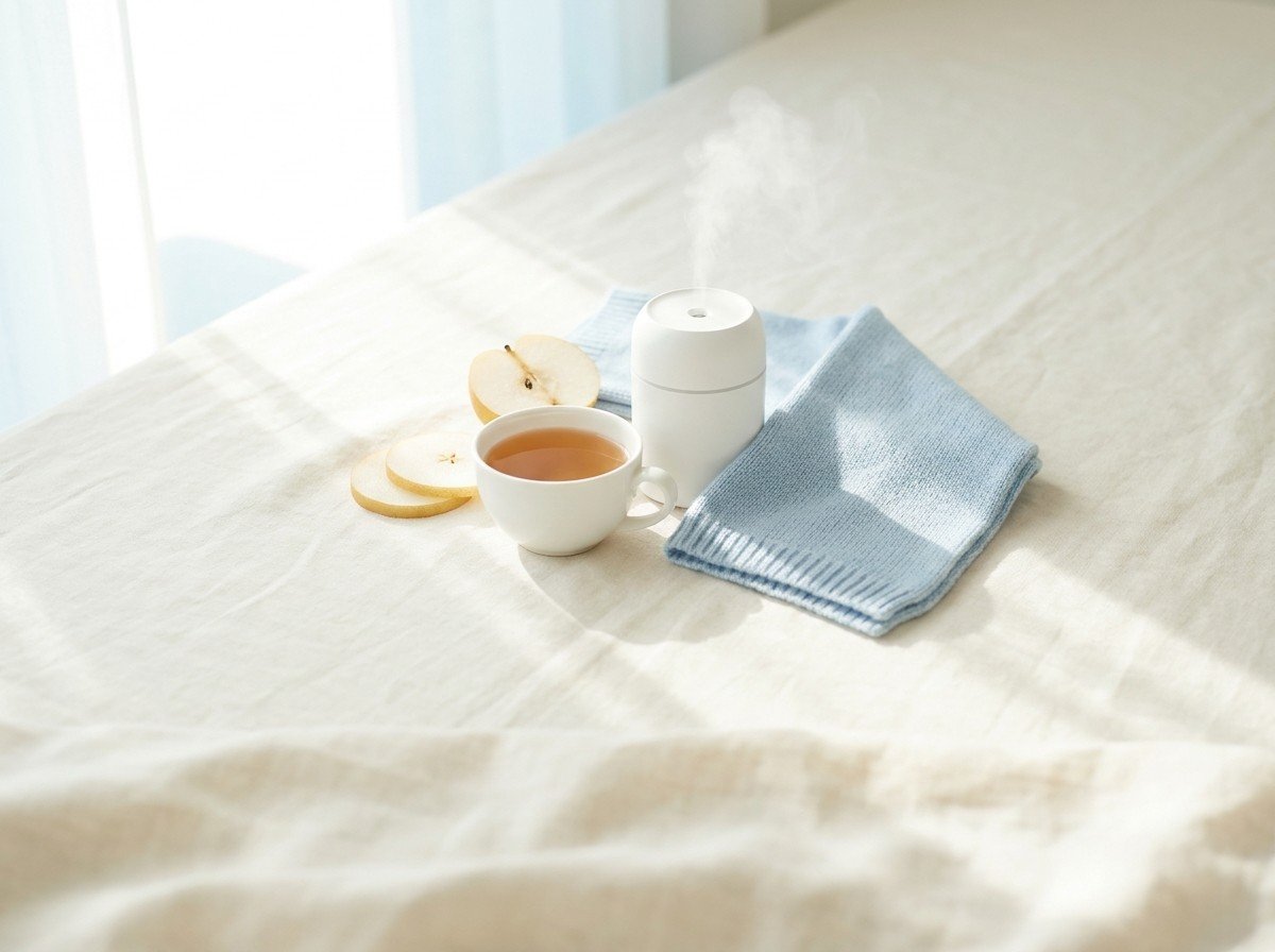 A white cup of warm pear tea with thin Asian pear slices, a small white humidifier releasing soft mist and a folded pale blue child's knitted scarf grouped on cream linen in soft window light