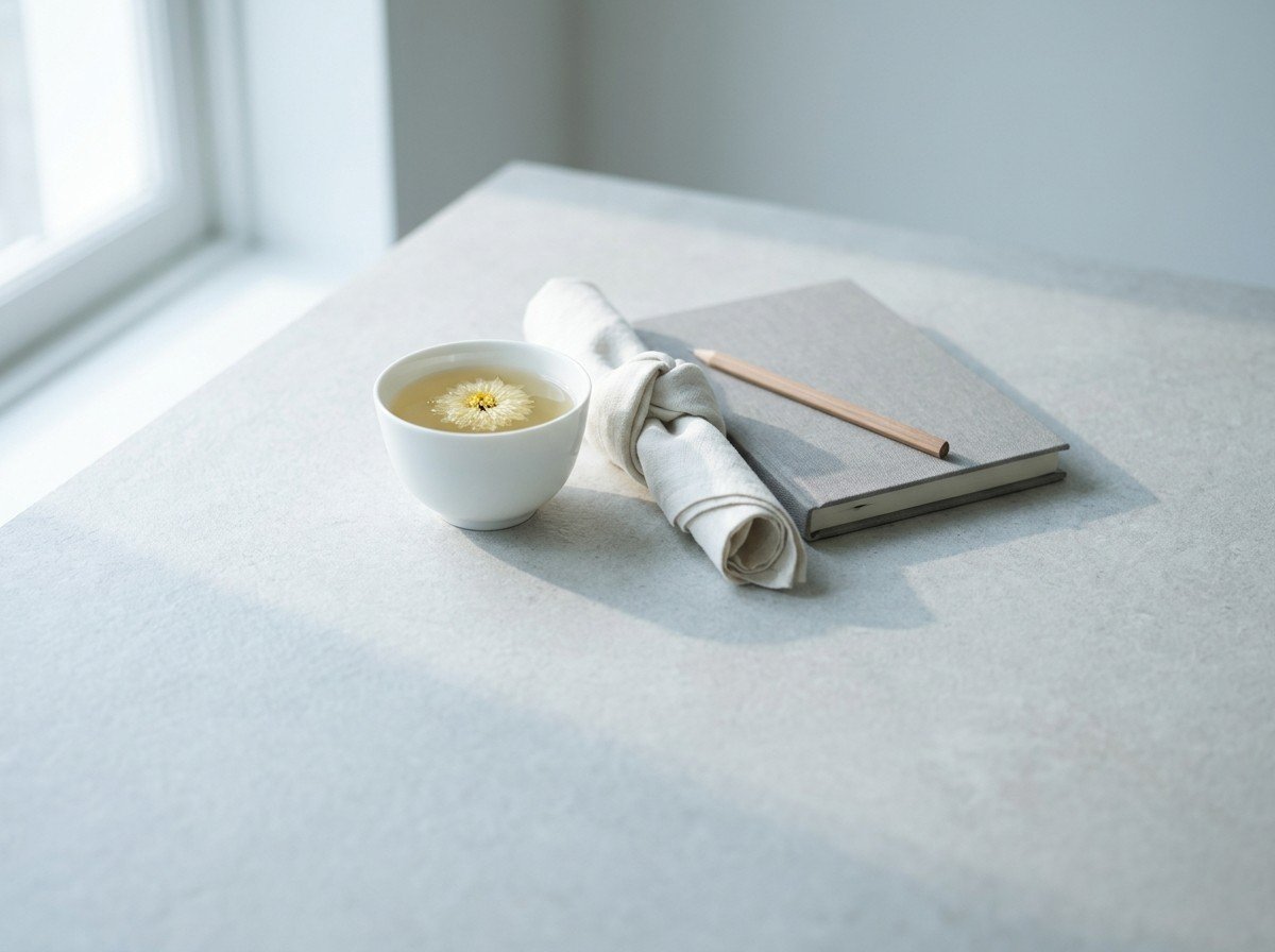A white porcelain cup of chrysanthemum tea, a tightly knotted linen handkerchief and a closed gray notebook with a pencil clustered in the middle of a pale stone surface by a window