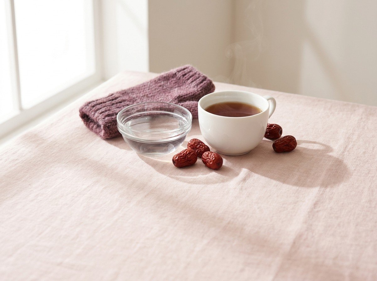 A round clear glass bowl of water, a knitted plum hand warmer, a white cup of jujube tea and dried jujubes clustered on blush linen, lower third empty