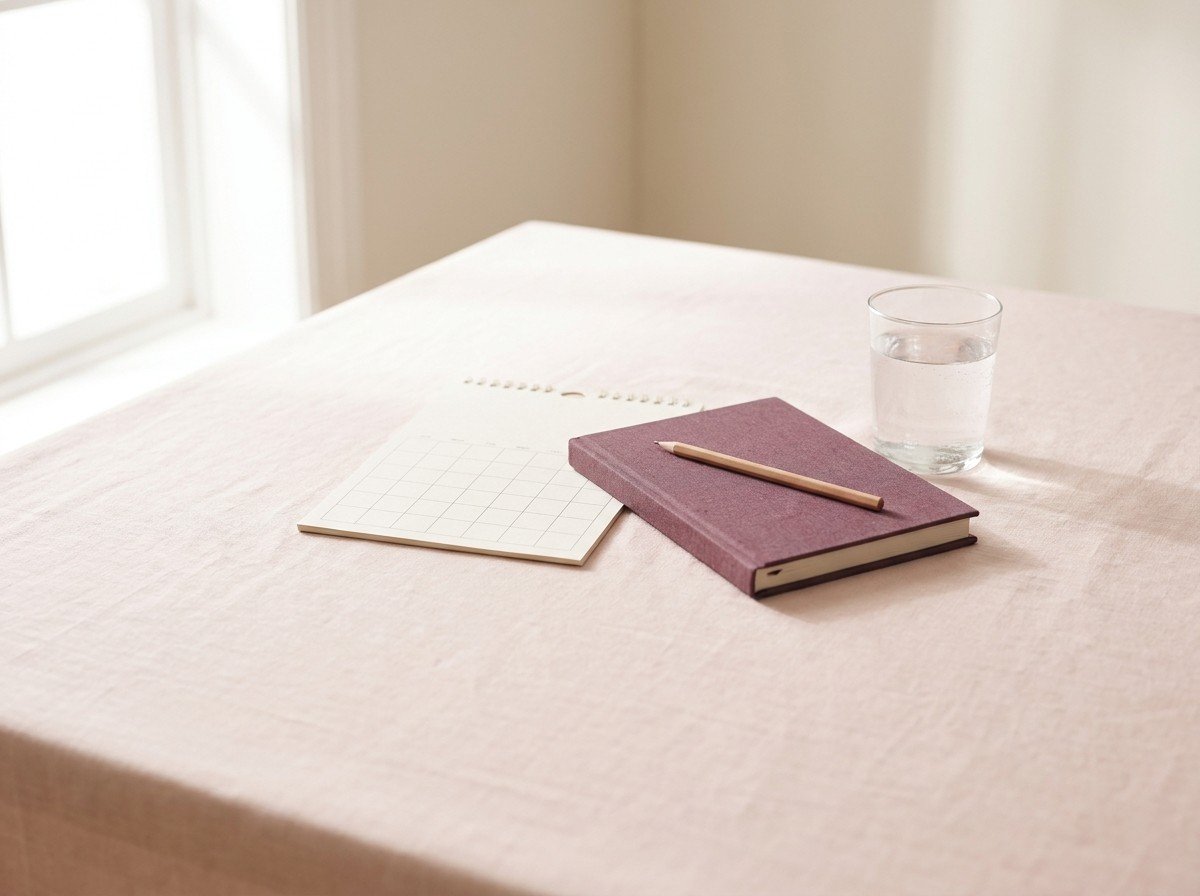 A blank paper calendar page, a plum linen notebook with a wooden pencil and a glass of water clustered on blush linen, lower third empty