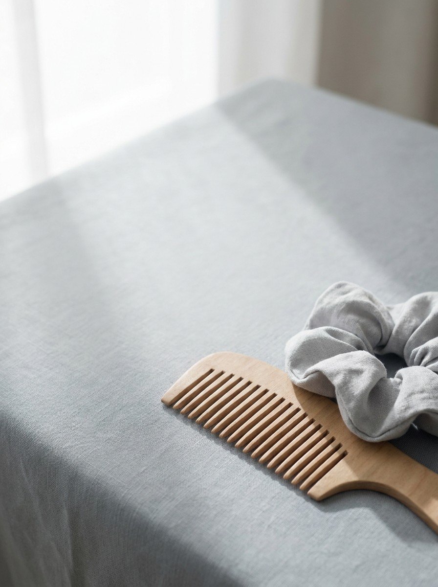 A wooden wide-tooth comb and a pale gray fabric hair tie in the lower right of a pale slate-gray linen surface, upper left empty