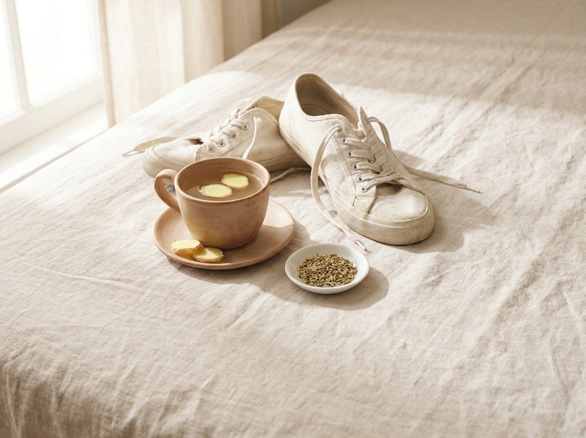 A pair of white canvas walking sneakers, a clay cup of ginger tea with ginger slices on a saucer and a small dish of fennel seeds clustered on oatmeal linen, lower third empty