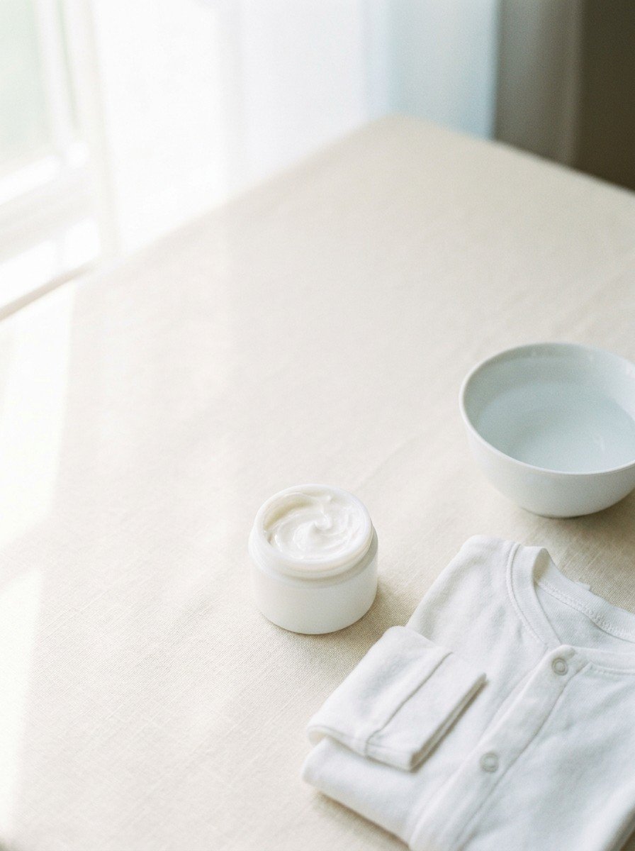 An open unlabeled white cream jar, a white porcelain bowl of water and folded white cotton child's pajamas on the lower right of cream linen, upper left of the frame left empty