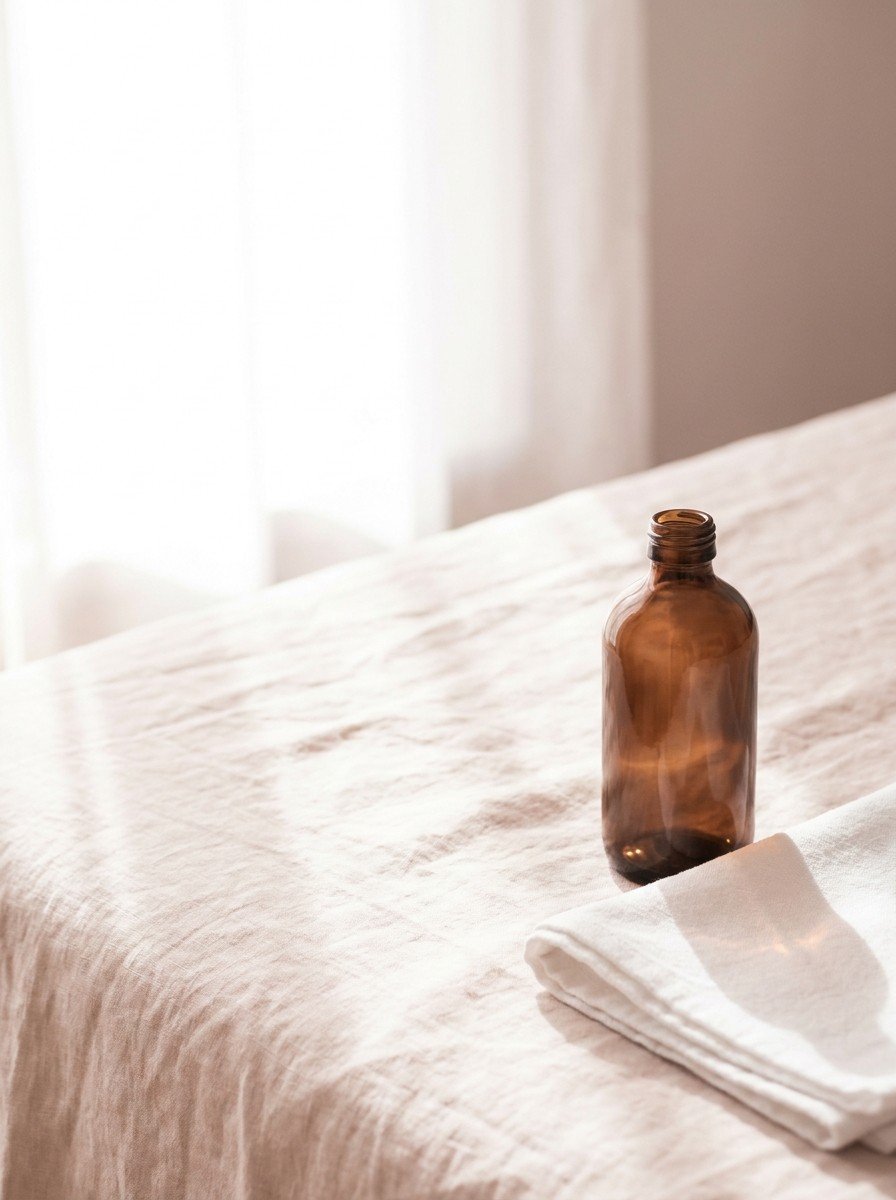A plain unlabeled amber glass shampoo bottle and a small folded white cotton towel in the lower right of cream-rose linen, upper left empty