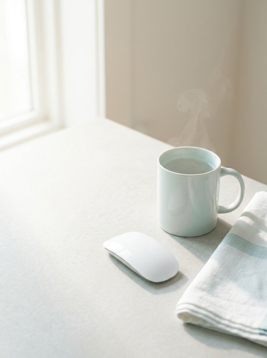 A white computer mouse, a white mug of warm water and a folded towel at the lower right of pale stone in soft window light, upper left of the frame left empty