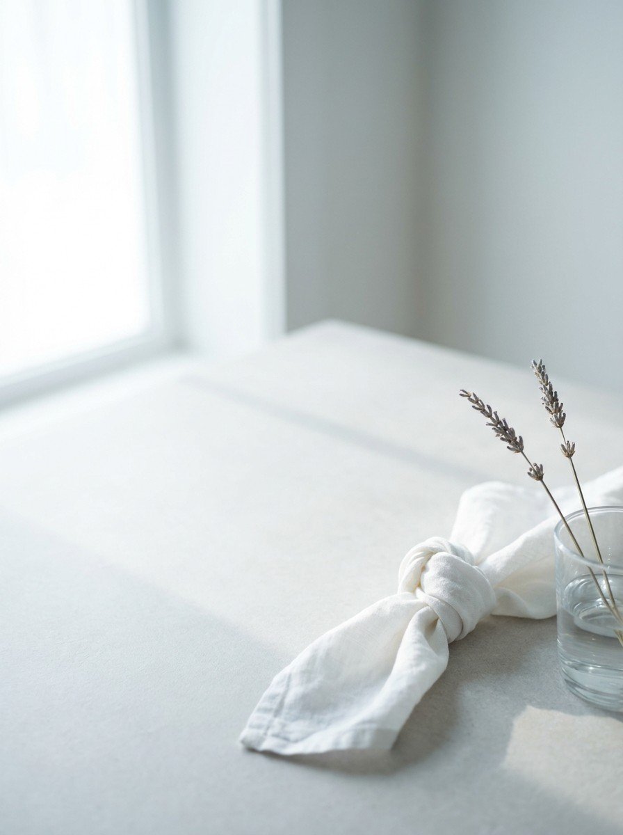 A white linen handkerchief tied in a tight knot and two dried lavender stems in a glass of water in the lower right of a pale stone surface, upper left empty