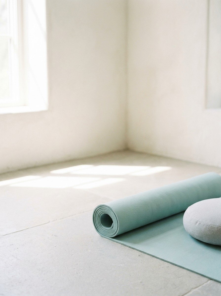 A rolled teal yoga mat and a round gray balance cushion at the lower right of a pale stone floor in soft window light, upper left of the frame left empty