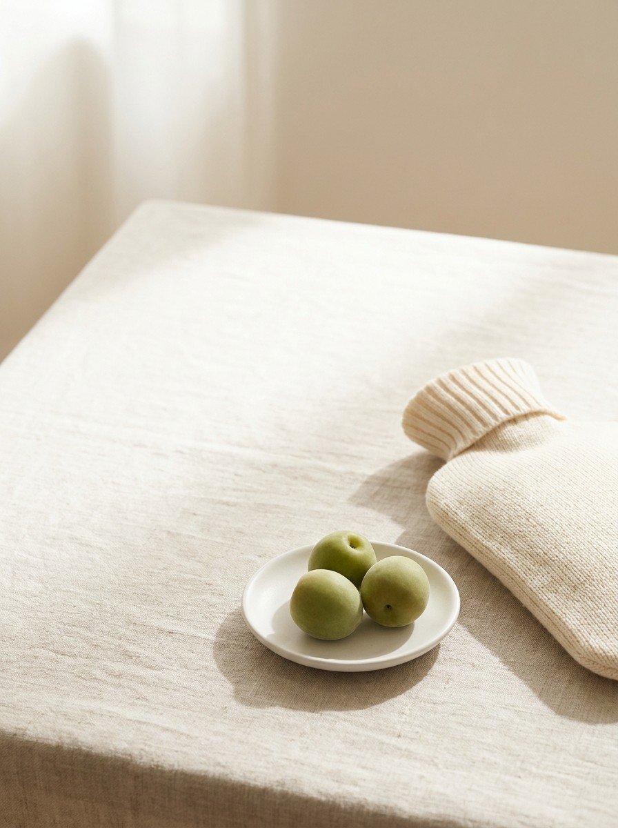 A hot water bottle in a cream knit cover and a small white dish of green maesil plums in the lower right of oatmeal linen, upper left empty
