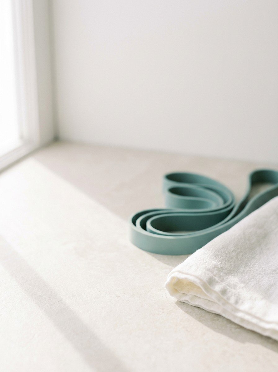 A coiled teal resistance band and a folded white towel at the lower right of pale stone below a white wall, upper left of the frame left empty
