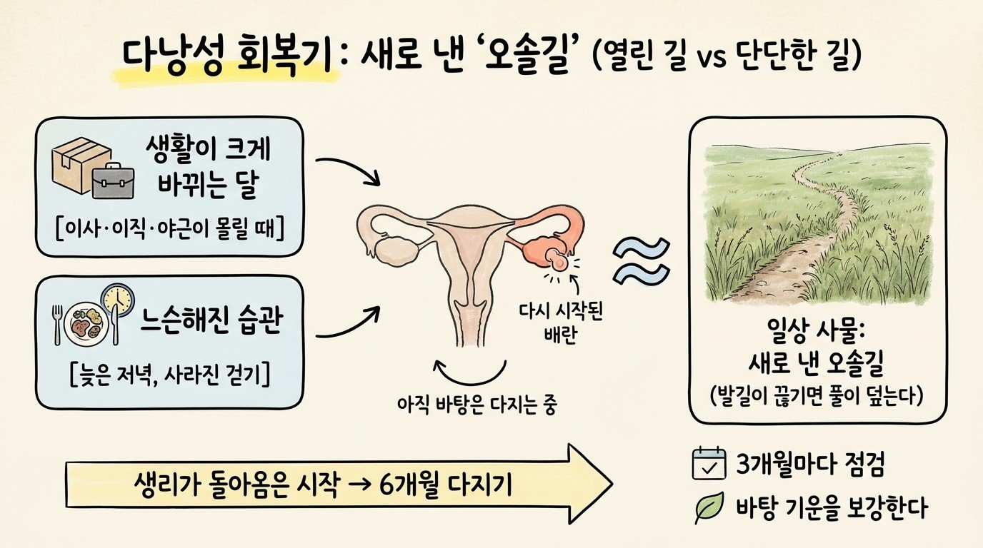 다시 시작된 배란은 새로 낸 오솔길처럼 발길이 끊기면 덮인다 — 6개월 동안 다지기