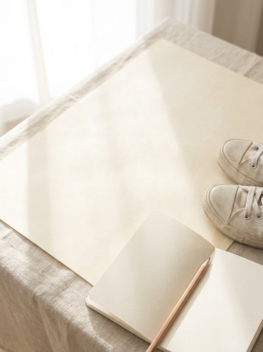 An open blank notebook with a pencil and a pair of soft white walking sneakers on the lower right of cream hanji paper, upper left of the frame left empty