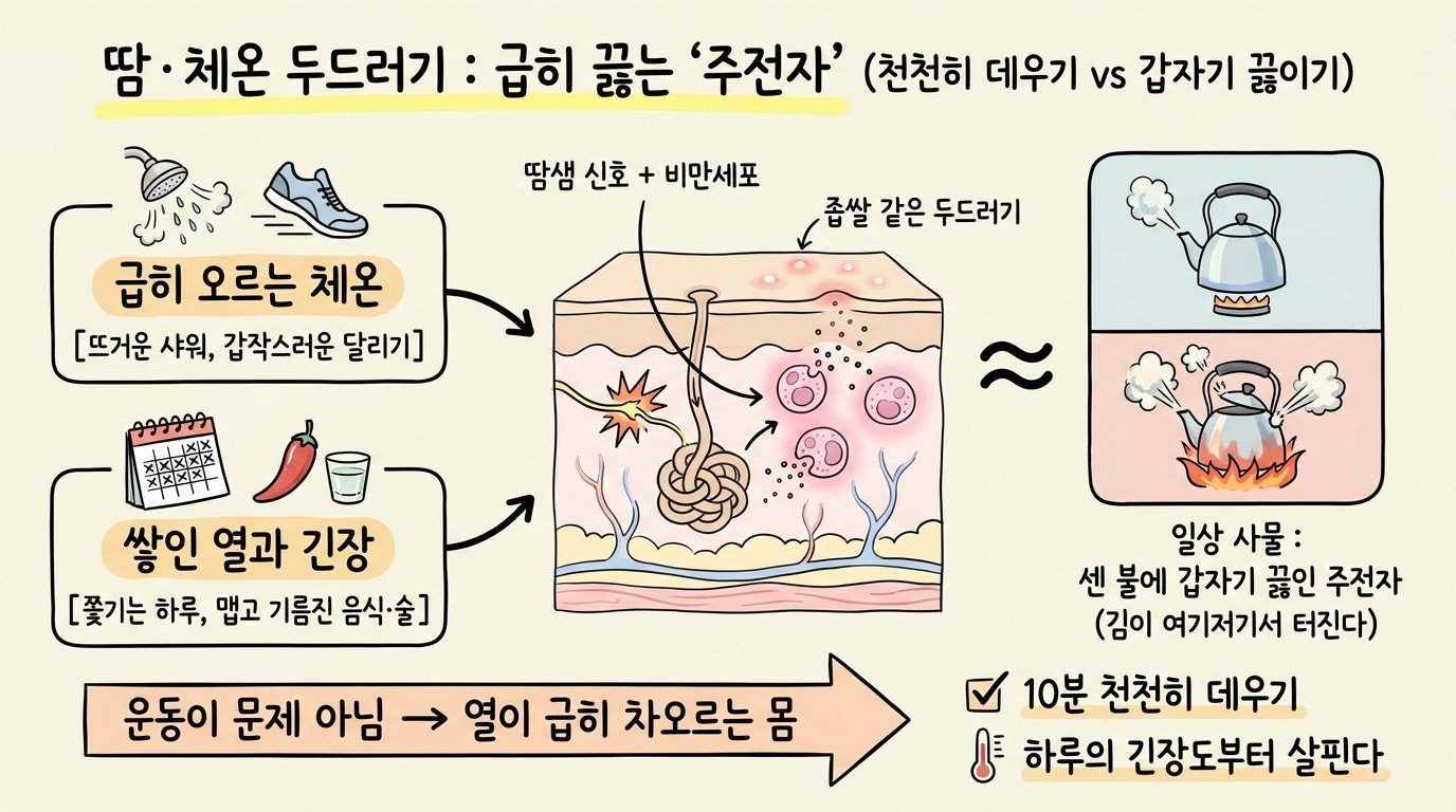 땀·체온 두드러기는 급히 끓는 주전자 — 급히 오르는 체온과 쌓인 열·긴장이 땀샘 신호와 비만세포를 건드려 좁쌀 같은 두드러기로 터진다