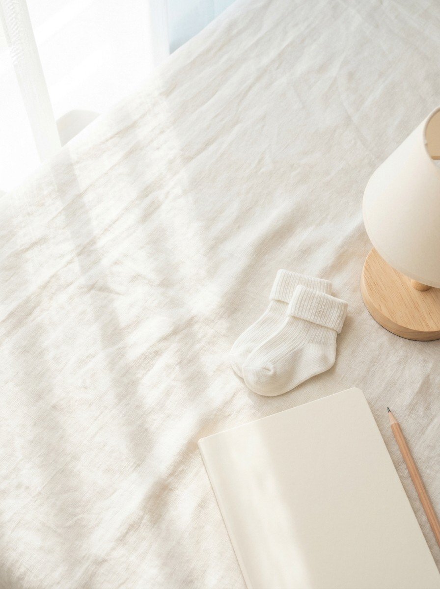 A plain cream notebook with a pencil, tiny white baby socks and a wooden bedside lamp on the lower right of cream linen, upper left of the frame left empty