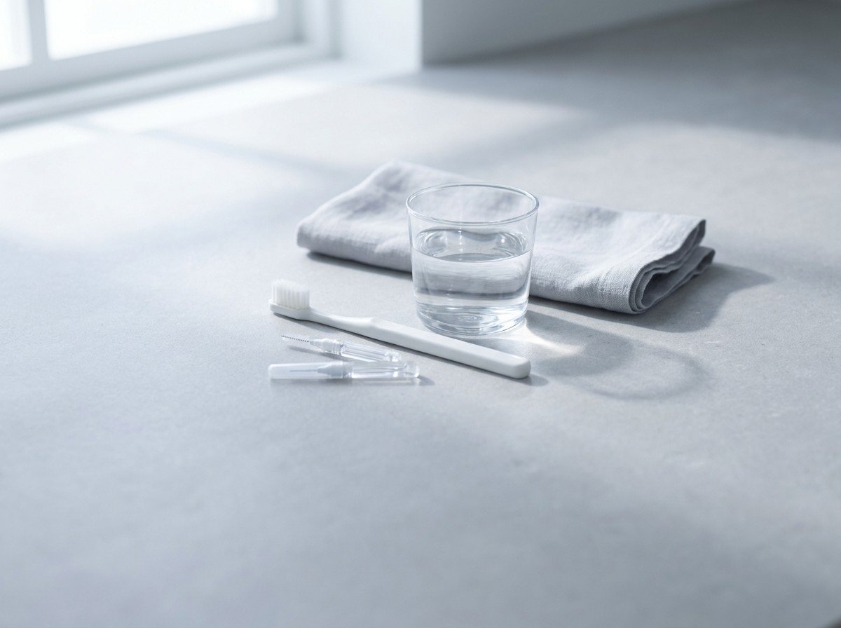 A soft white toothbrush, two small interdental brushes, a clear glass of water and a folded pale gray linen napkin clustered on a light gray stone surface