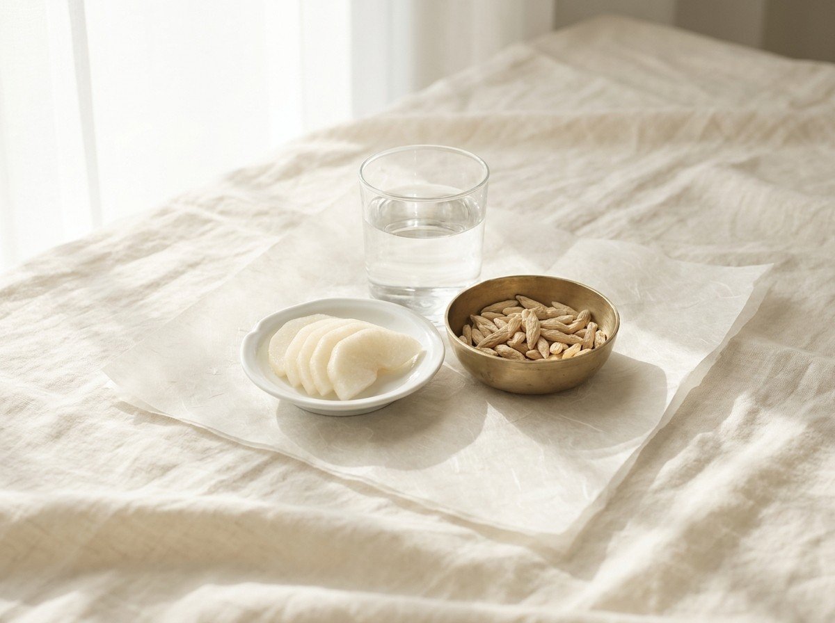 A clear glass of water, thin slices of Korean pear on a white porcelain dish and a brass bowl of dried ophiopogon tubers grouped on cream linen and hanji paper in soft window light