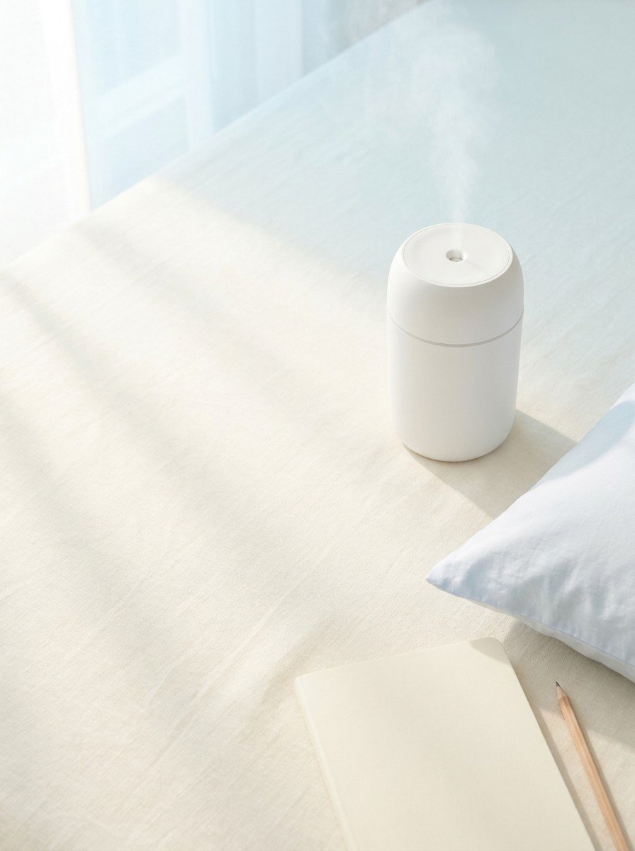 A small white humidifier with a faint wisp of mist, the corner of a child's pillow in a pale blue case and a cream notebook with a pencil on the lower right of cream linen, upper left left empty