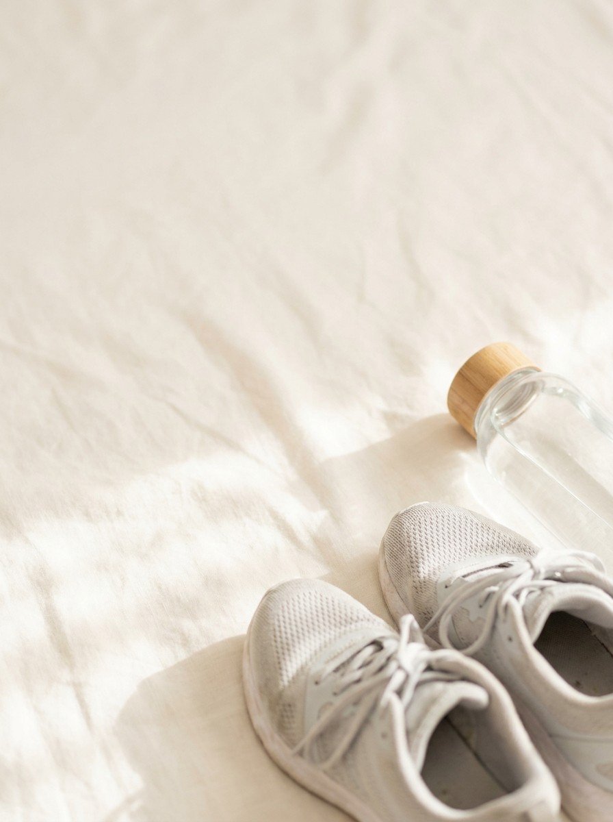 Light gray running shoes and a clear glass water bottle at the lower-right of a cream linen surface, the upper-left left empty in soft window light.