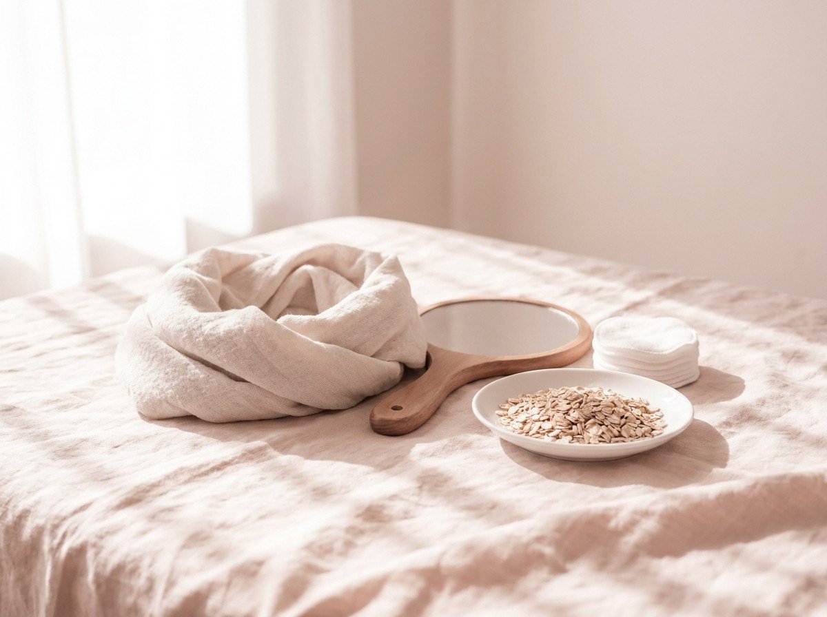A softly folded linen neck scarf, a small round wooden hand mirror, a white porcelain dish of rolled oats and cotton pads clustered on cream-rose linen, lower third empty