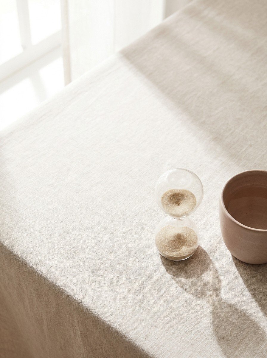 A small glass hourglass and a clay cup of warm water in the lower right of oatmeal linen, upper left empty