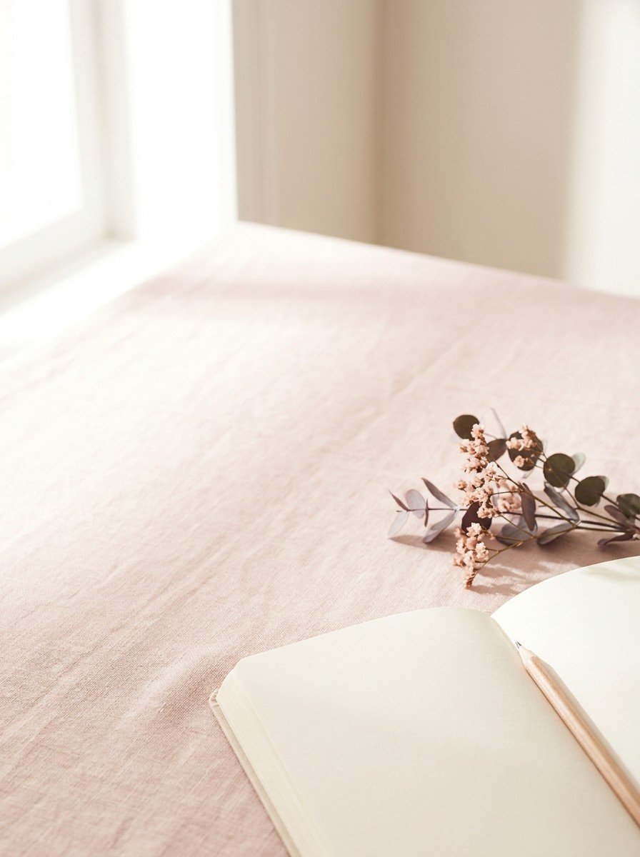 An open blank notebook with a wooden pencil and a sprig of dried blush flowers in the lower right of blush linen, upper left empty