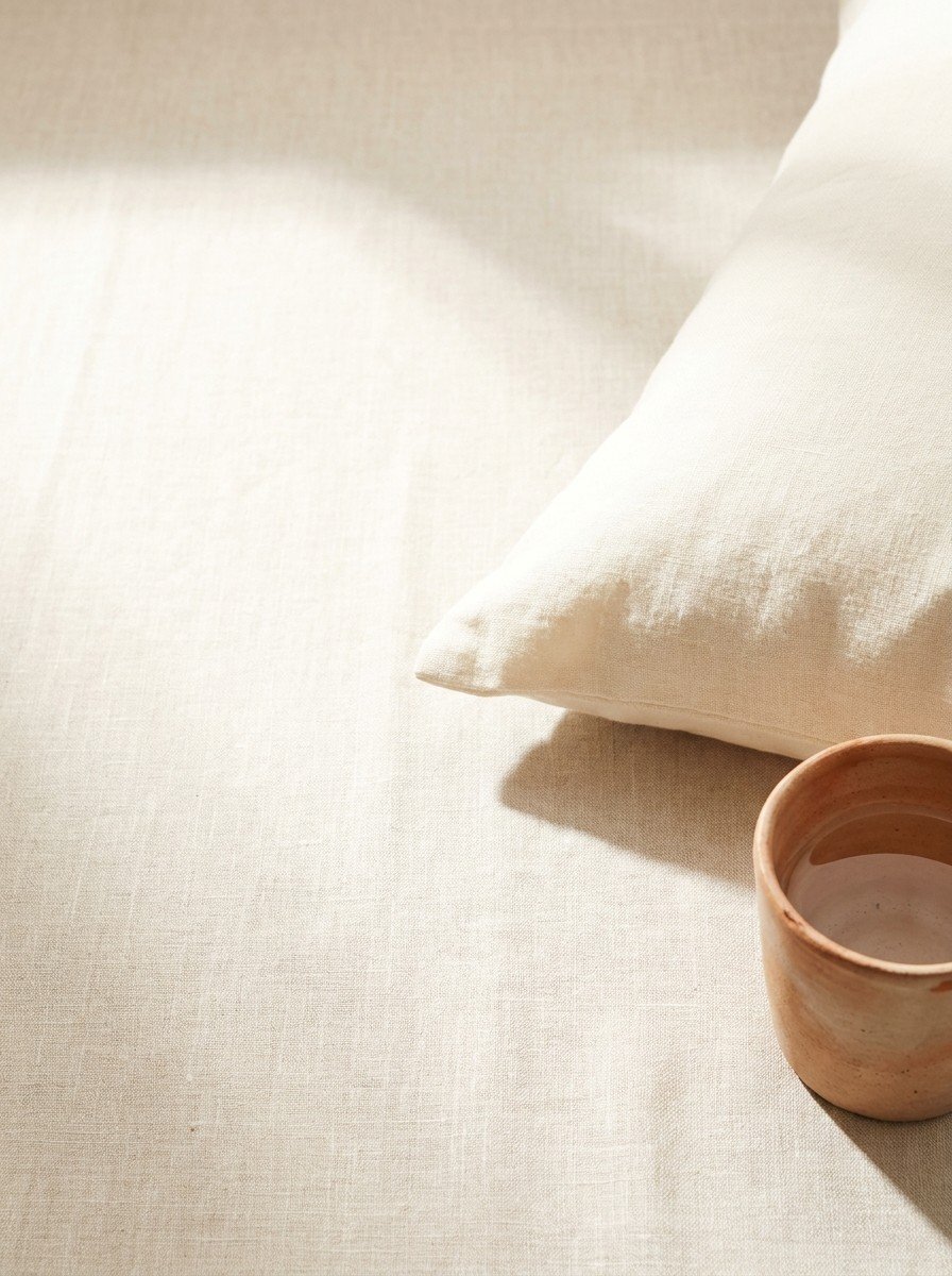 The corner of a raised cream pillow and a clay cup of warm water in the lower right of oatmeal linen, upper left empty