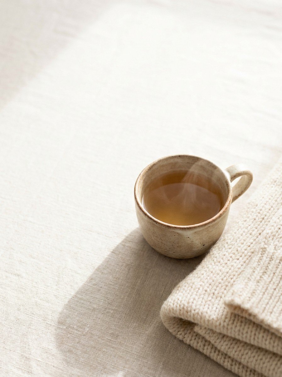 A clay cup of warm ginger tea and a folded cream knit blanket in the lower right of oatmeal linen, upper left empty