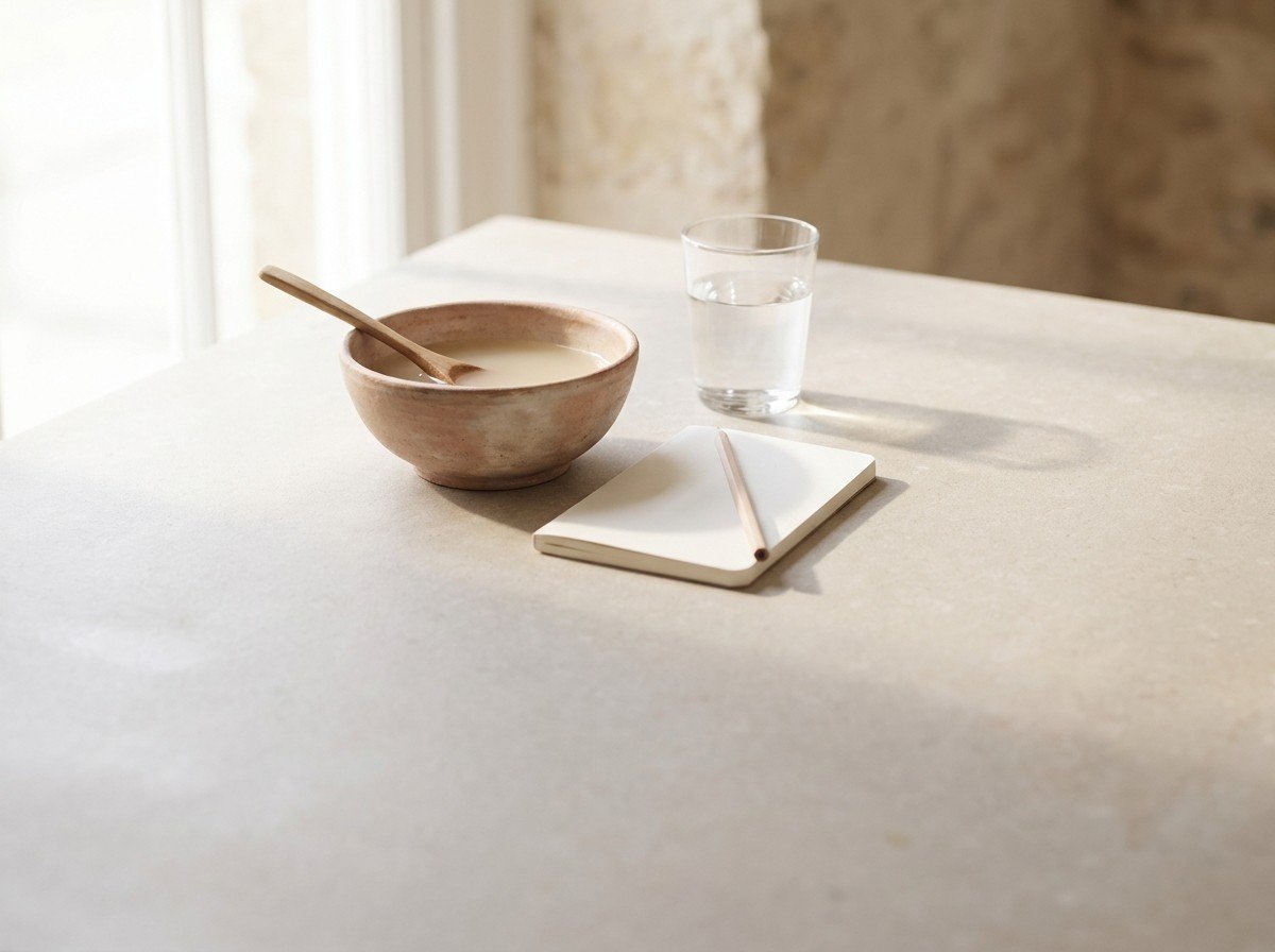 A clay bowl of scorched-rice tea with a wooden spoon, a small closed notebook with a pencil and a glass of water clustered on a light stone surface, lower third empty