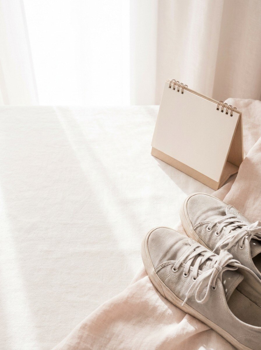 A pair of light gray walking sneakers and a blank desk calendar at the lower-right of a blush-tinted cream linen surface, the upper-left left empty in soft window light.