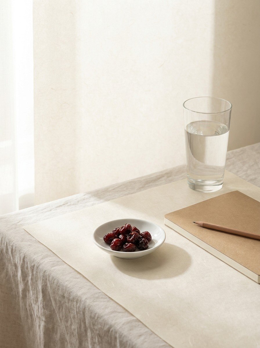 A tall glass of water, a kraft notebook with a pencil and a white porcelain dish of dried cherries on the lower right of cream hanji paper, upper left of the frame left empty