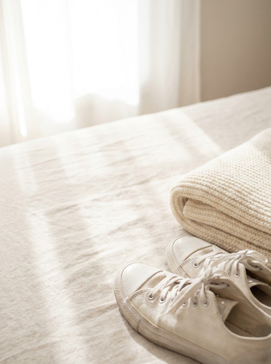 A pair of white canvas walking sneakers and a folded cream knit blanket in the lower right of oatmeal linen, upper left empty
