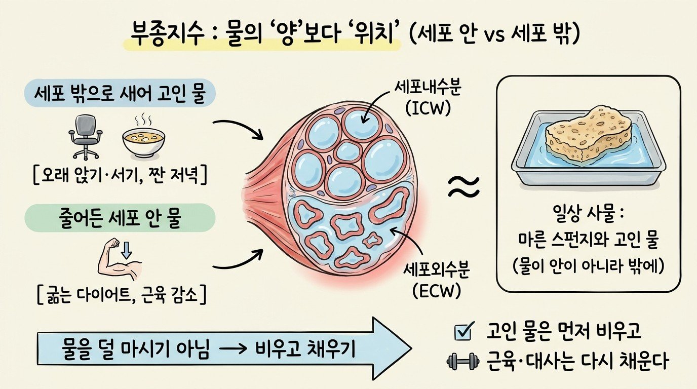 부종지수 개념 지도 — 세포 밖으로 새어 고인 물과 줄어든 세포 안 물, 마른 스펀지와 고인 물 비유