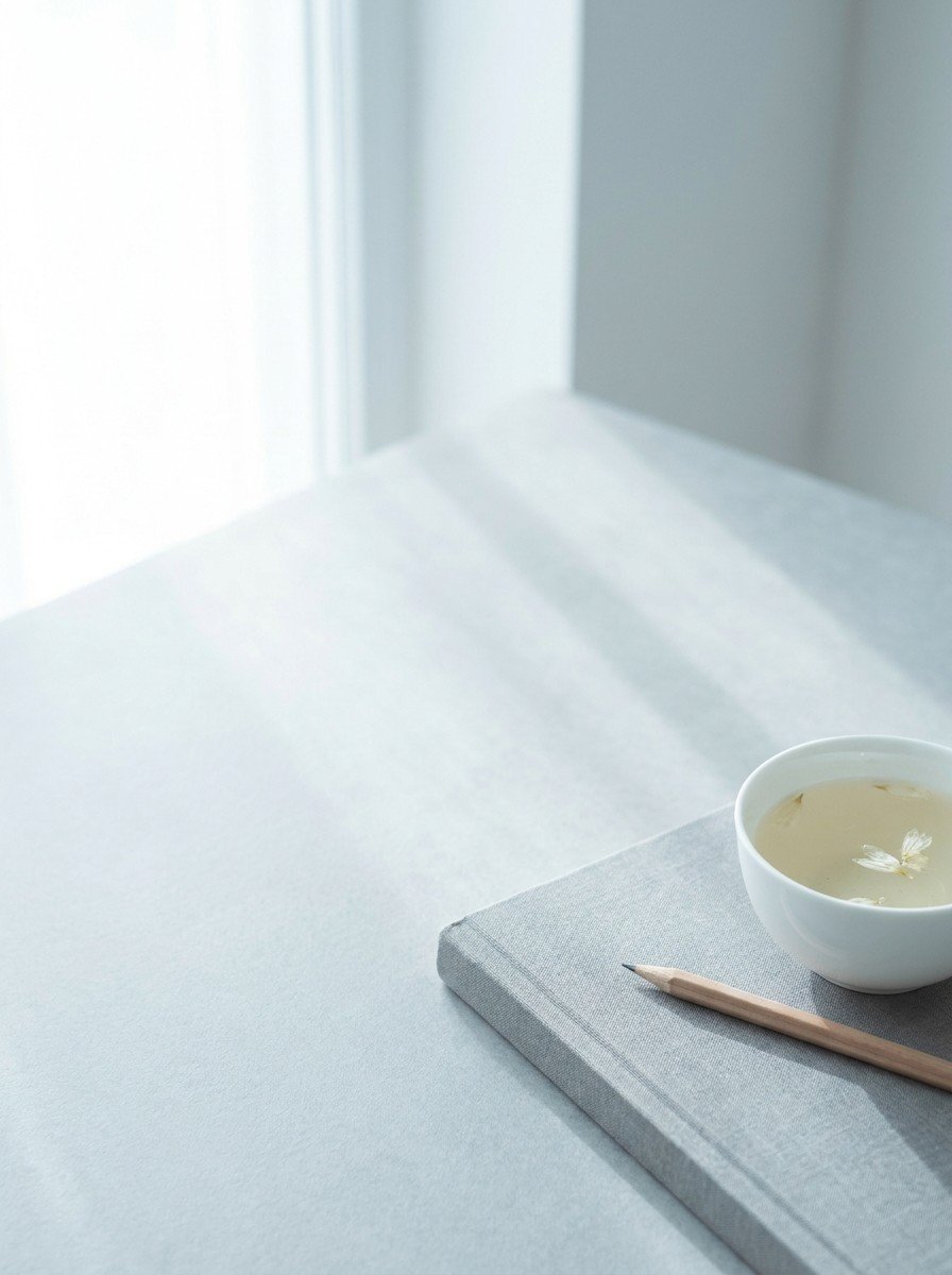 A closed gray linen notebook with a pencil and a cup of chrysanthemum tea in the lower right of a pale stone surface, upper left empty