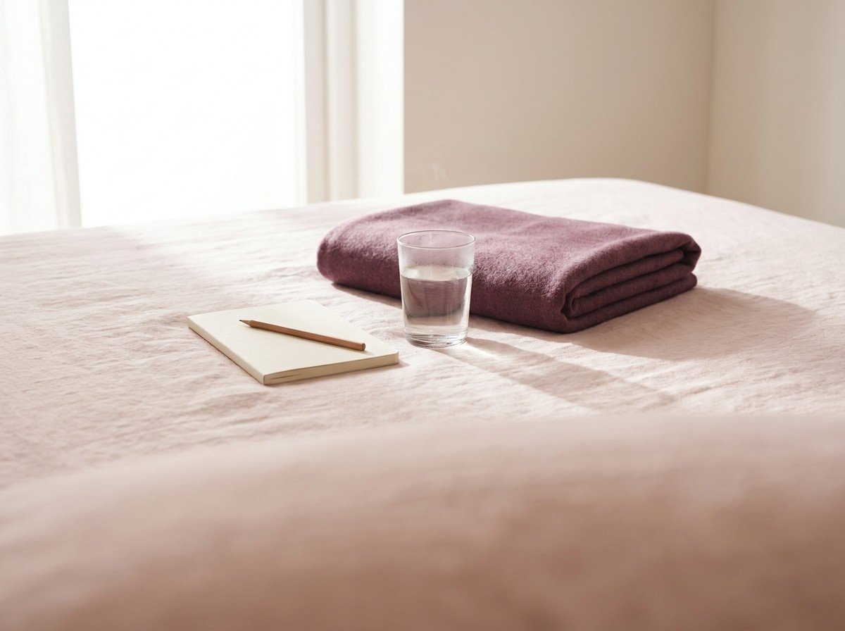 A plain cream notebook with a pencil, a clear glass of warm water and a folded plum wool blanket clustered on blush linen, lower third empty