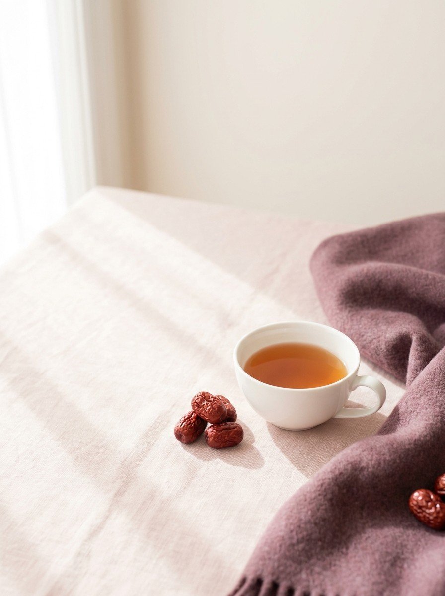 A white cup of jujube tea, dried jujubes and a folded plum wool blanket in the lower right of blush linen, upper left empty