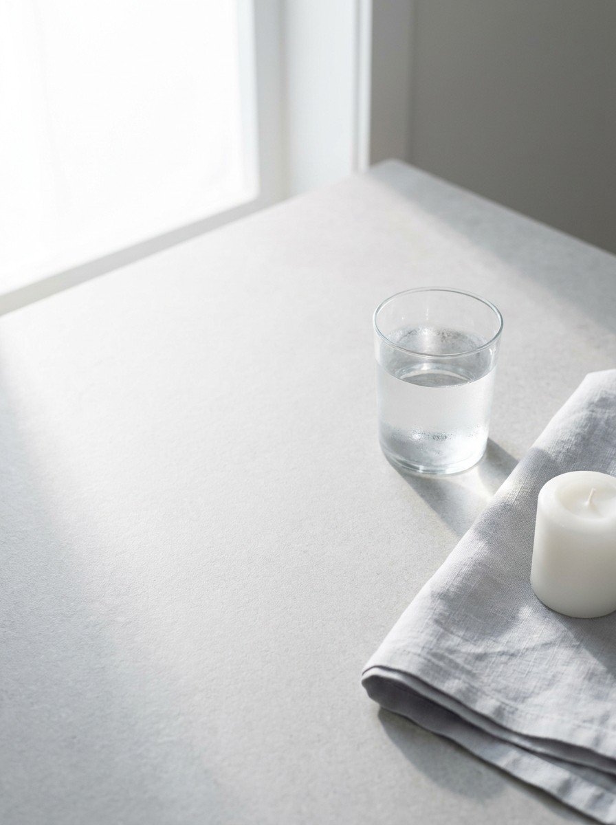 A clear glass of water and a folded pale gray linen napkin with a small unlit white candle in the lower right of a light gray stone surface, upper left empty