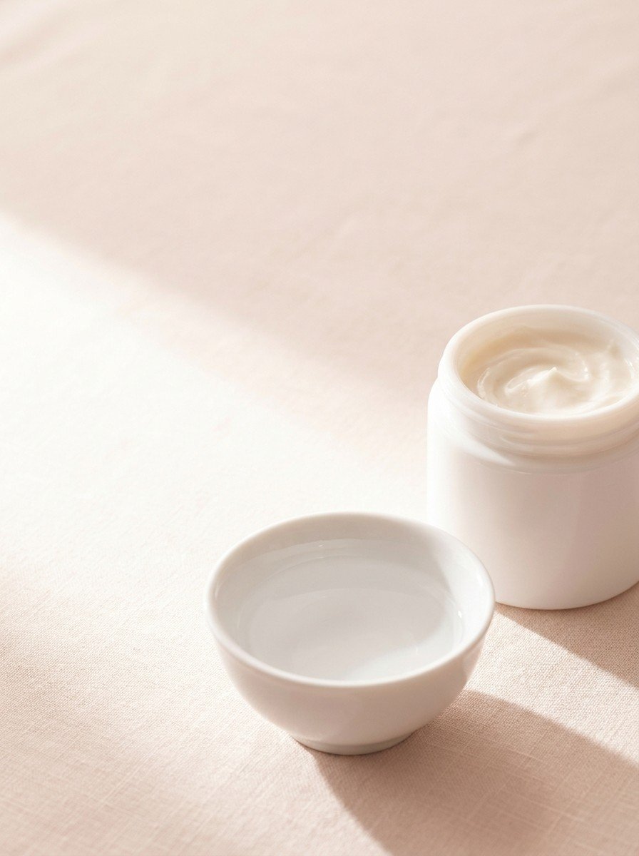 A plain unlabeled white jar of moisturizing cream and a small porcelain bowl of lukewarm water in the lower right of cream-rose linen, upper left empty