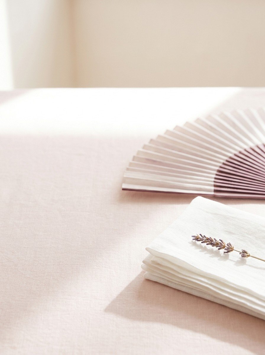 A pale plum paper hand fan and a folded white linen sheet with a lavender sprig in the lower right of blush linen, upper left empty