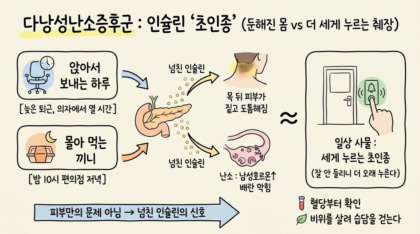 넘친 인슐린은 세게 누르는 초인종처럼 목 뒤 피부를 짙고 도톰하게 하고 난소의 배란을 막는다