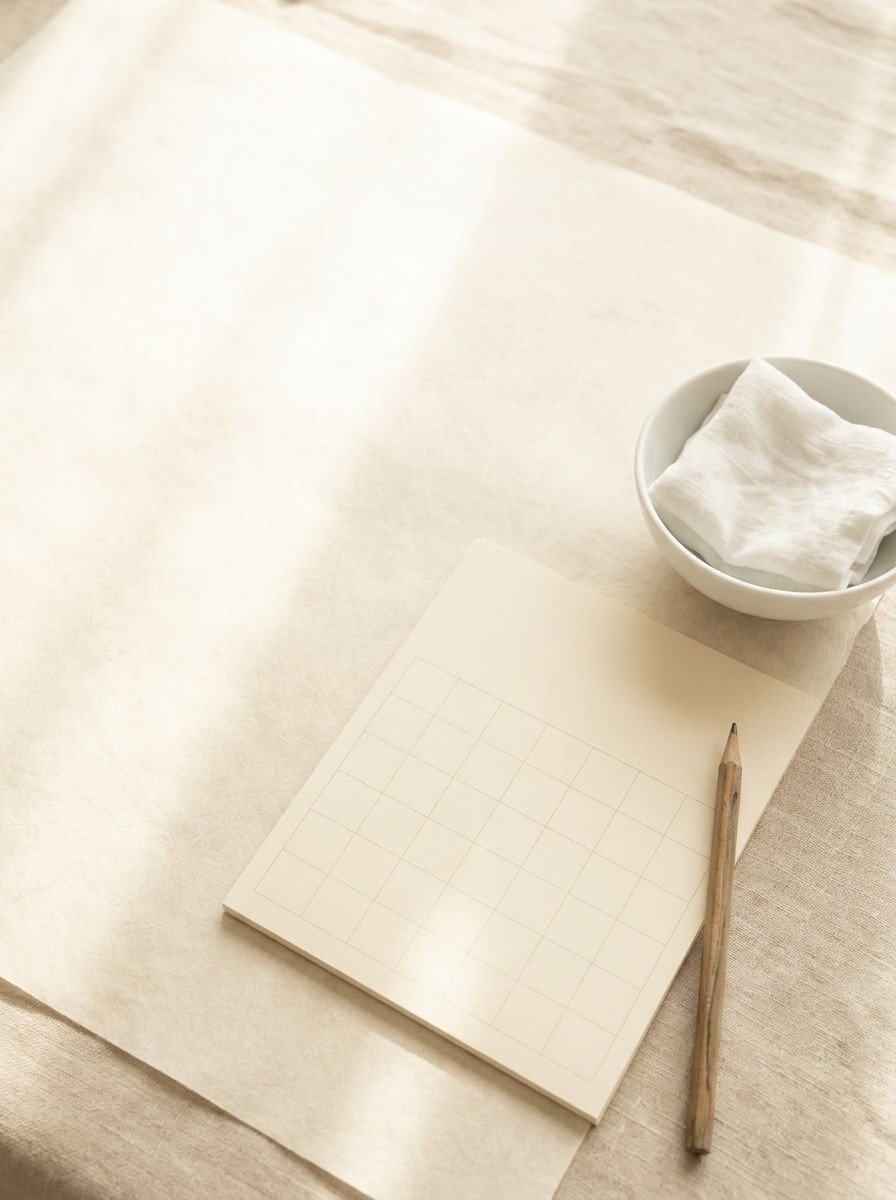 A blank paper calendar pad with an empty grid, a pencil and a white porcelain bowl holding a damp folded cloth on the lower right of cream hanji paper, upper left of the frame left empty